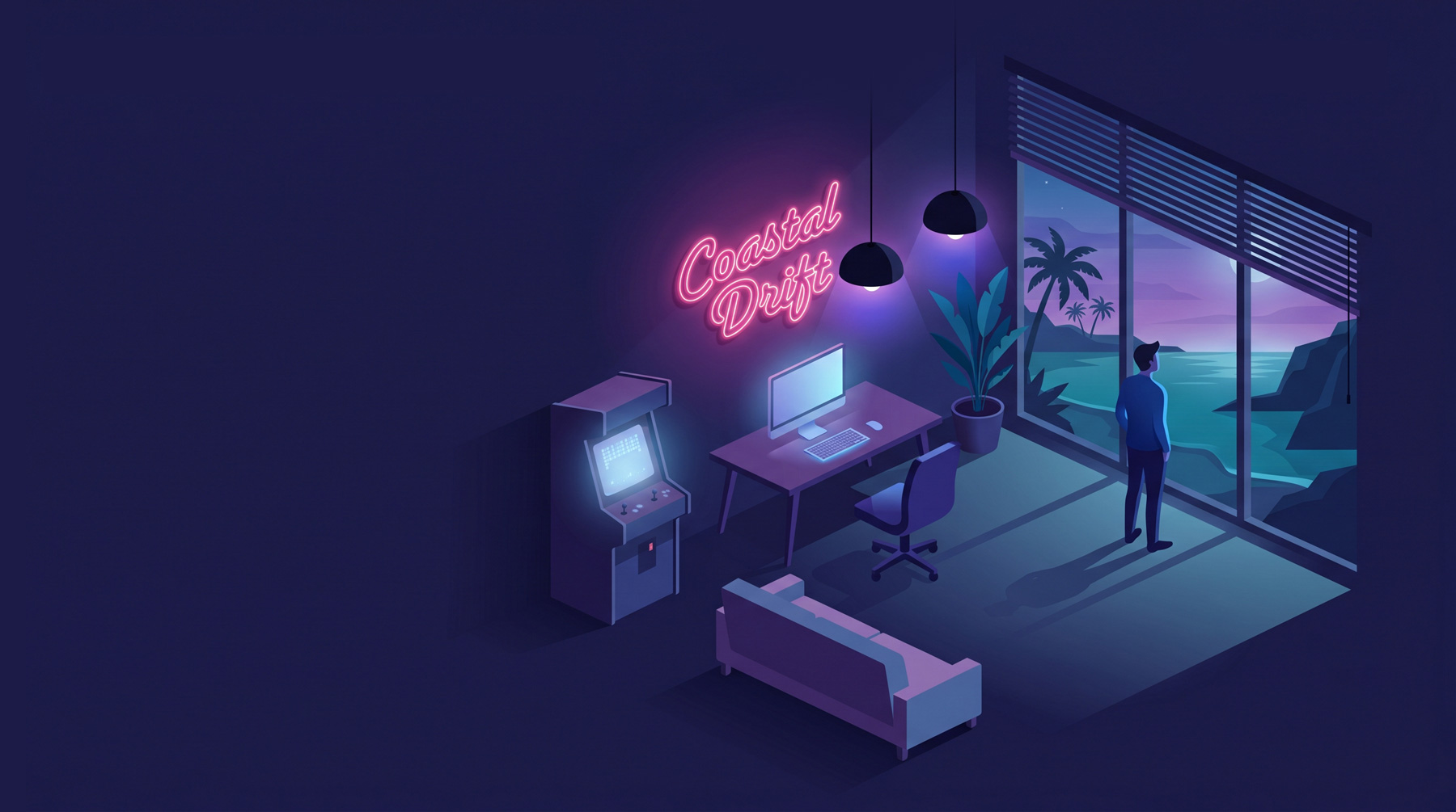 A small studio workspace with a neon Coastal Drift sign over a window facing the sea, an arcade cabinet, desk and couch.